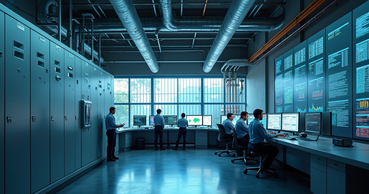 Sala de controle industrial com painéis elétricos e telas mostrando dados em tempo real 