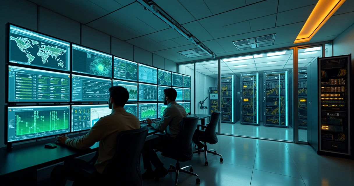 Sala de controle de provedor com OLT e telas mostrando rede de fibra óptica 