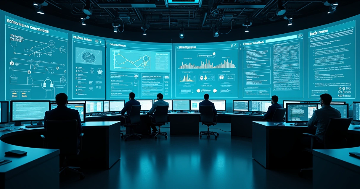 Sala de controle digital monitorando segurança e conformidade de dados 