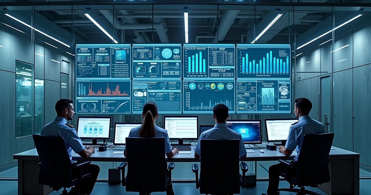 Sala de controle de empresa de manutenção com painéis digitais e técnicos monitorando indicadores 