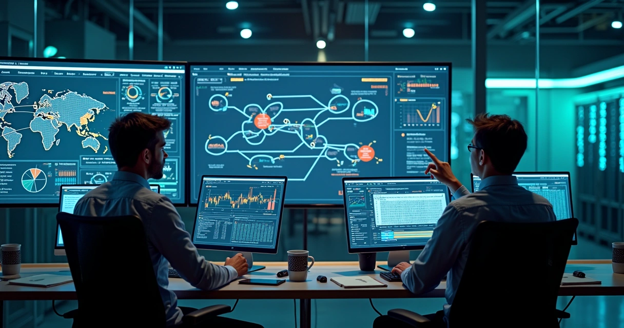 Sala de controle tecnológica com painéis cheios de gráficos em tempo real 