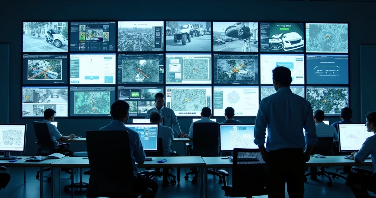 Sala de controle repleta de monitores exibindo imagens de câmeras e gráficos de segurança. 