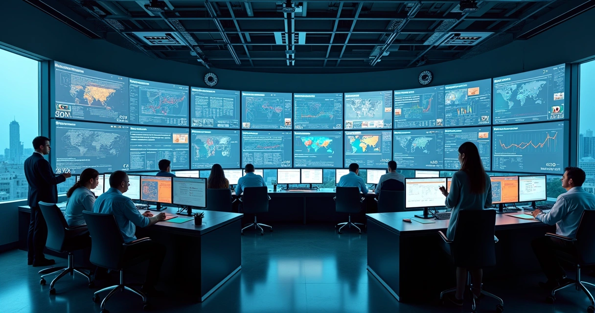 Sala de controle com monitores de dados ambientais em tempo real, pessoas analisando indicadores