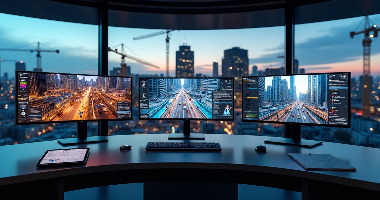 Sala de controle monitorando canteiro de obras em múltiplos monitores 