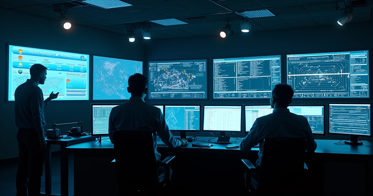 Sala de controle industrial durante turno noturno 