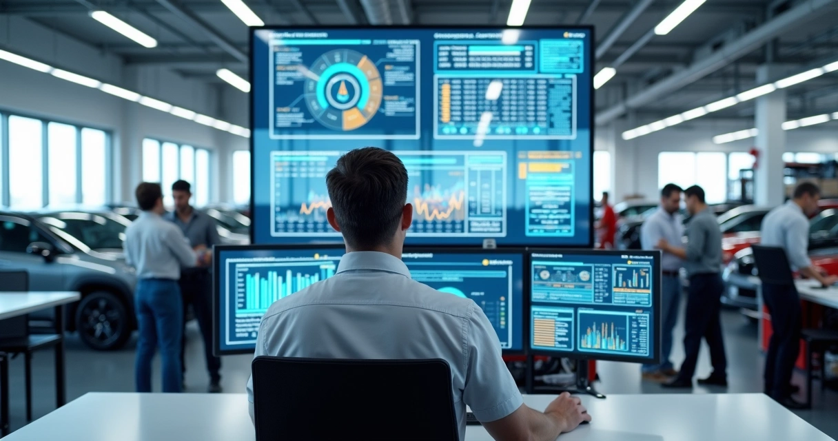 Gestor de oficina acompanhando dashboards em tela grande e equipe trabalhando 