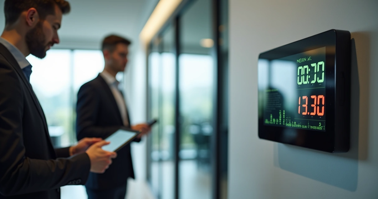 Sala com equipamento de registro de ponto digital e gestor ao lado 