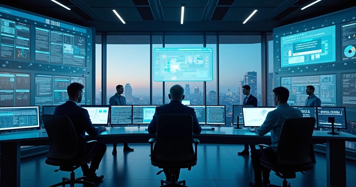 Sala de controle automatizado com telas exibindo fluxos de trabalho digitais 