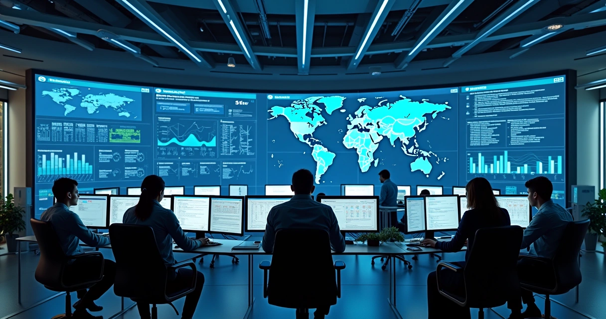 Sala de controle com monitores mostrando gráficos e dados de rede e gestão 