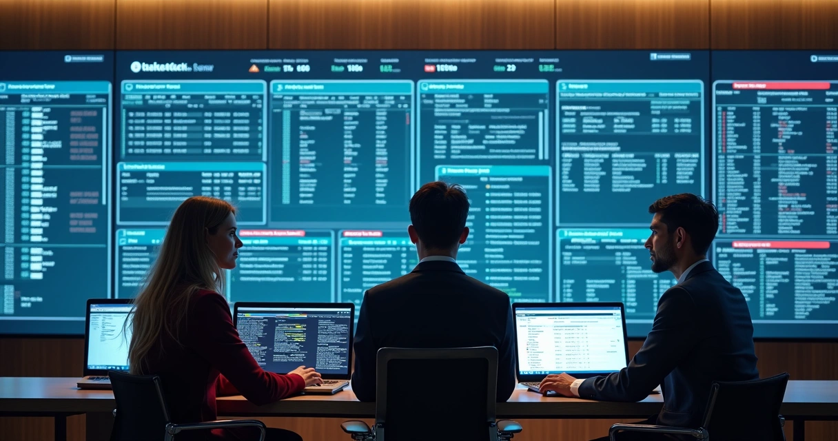 Equipe analisando painel digital de reservas hoteleiras 