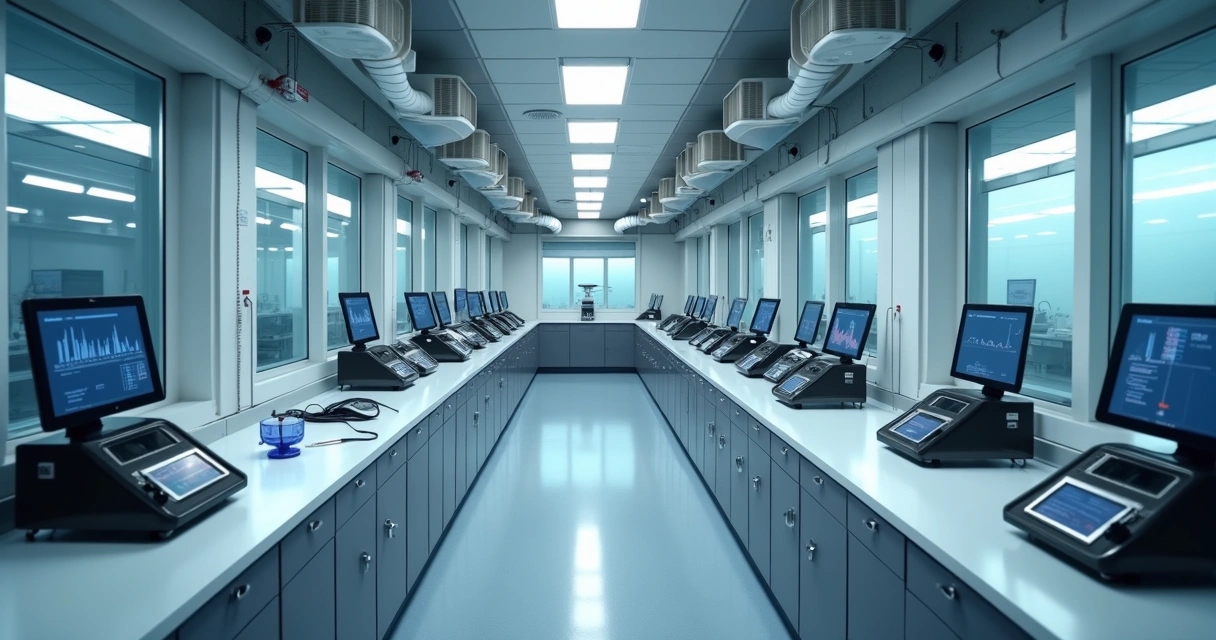 Sala de laboratório com controle térmico e bancadas alinhadas