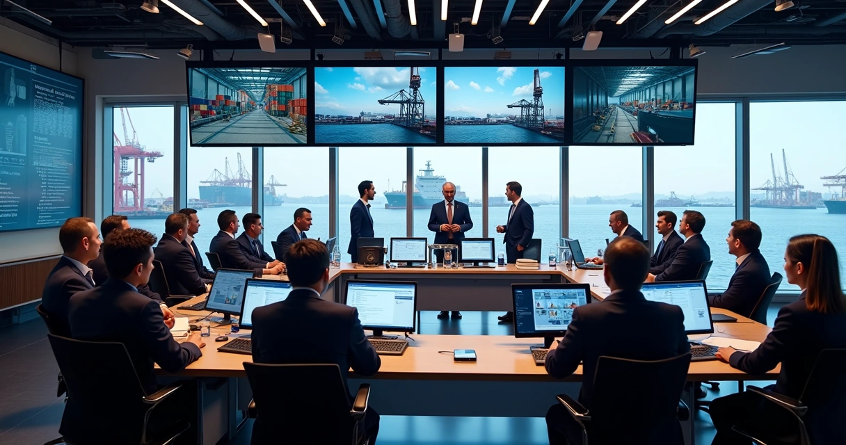 Sala de controle do porto com operadores em evento oficial 