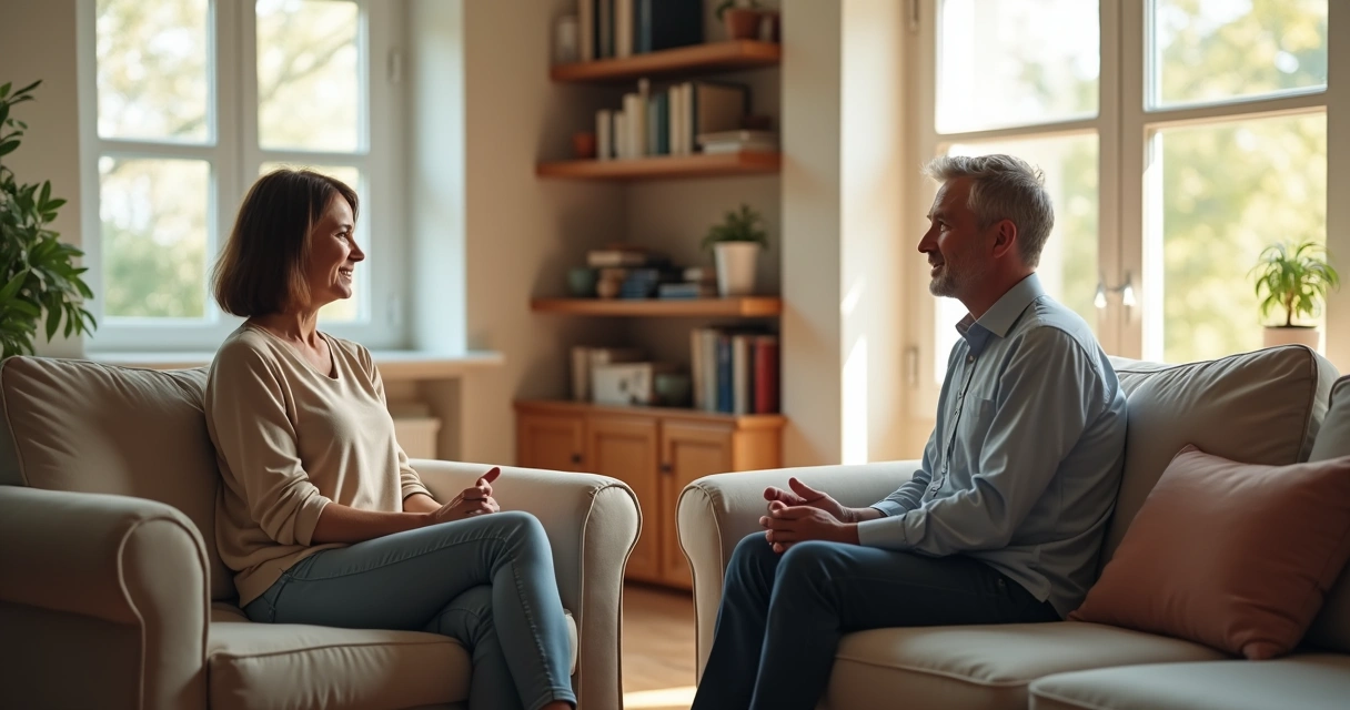 Duas pessoas conversando em uma sala iluminada por luz natural 