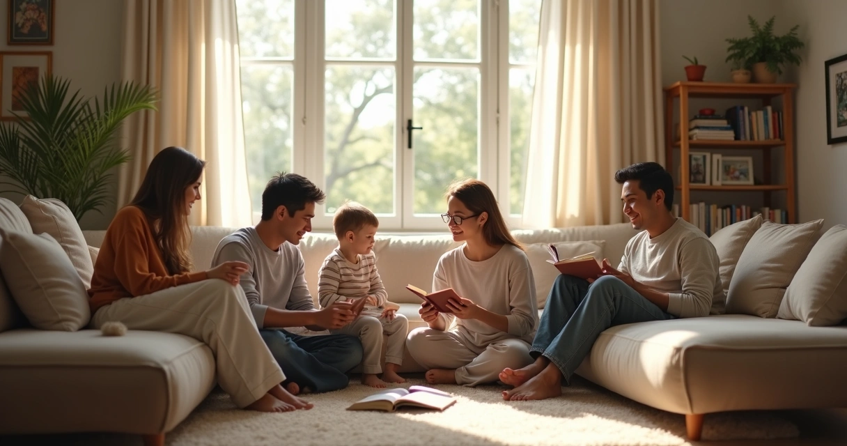 Sala de estar familiar com pessoas reunidas em diferentes atividades 