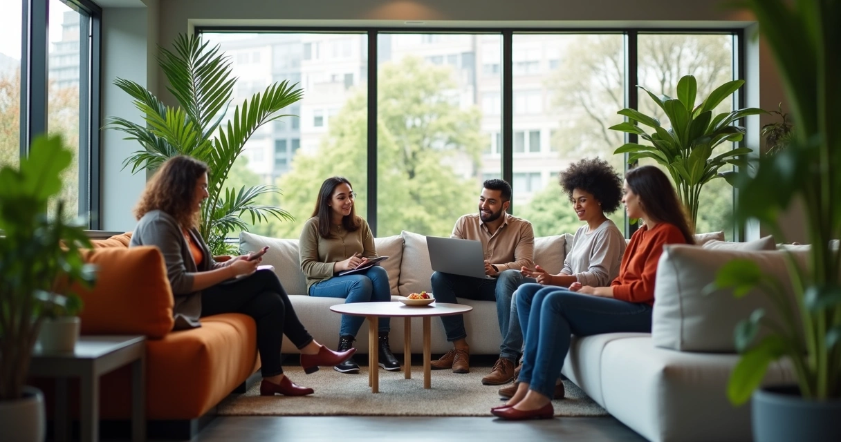 Espaço corporativo colaborativo com pessoas de diferentes perfis conversando em ambiente descontraído. 