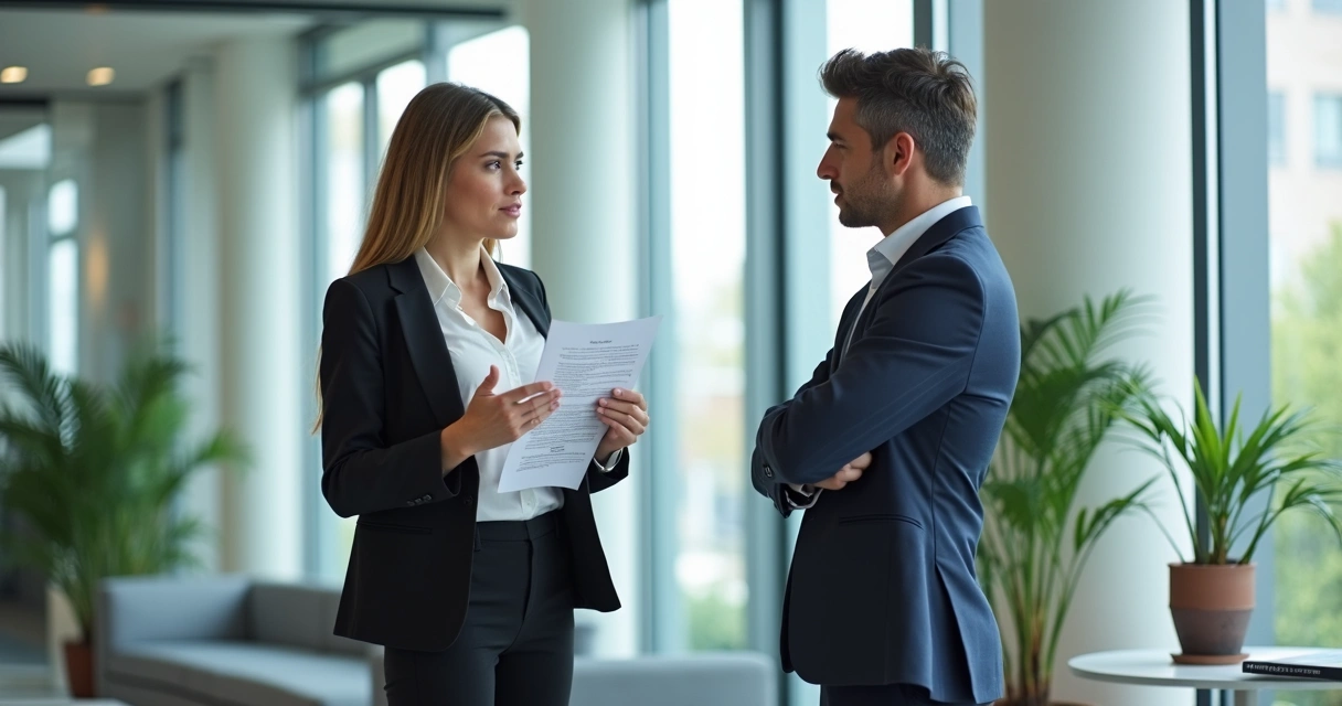 Dois colegas em uma sala corporativa discutindo e demonstrando conflito ético 
