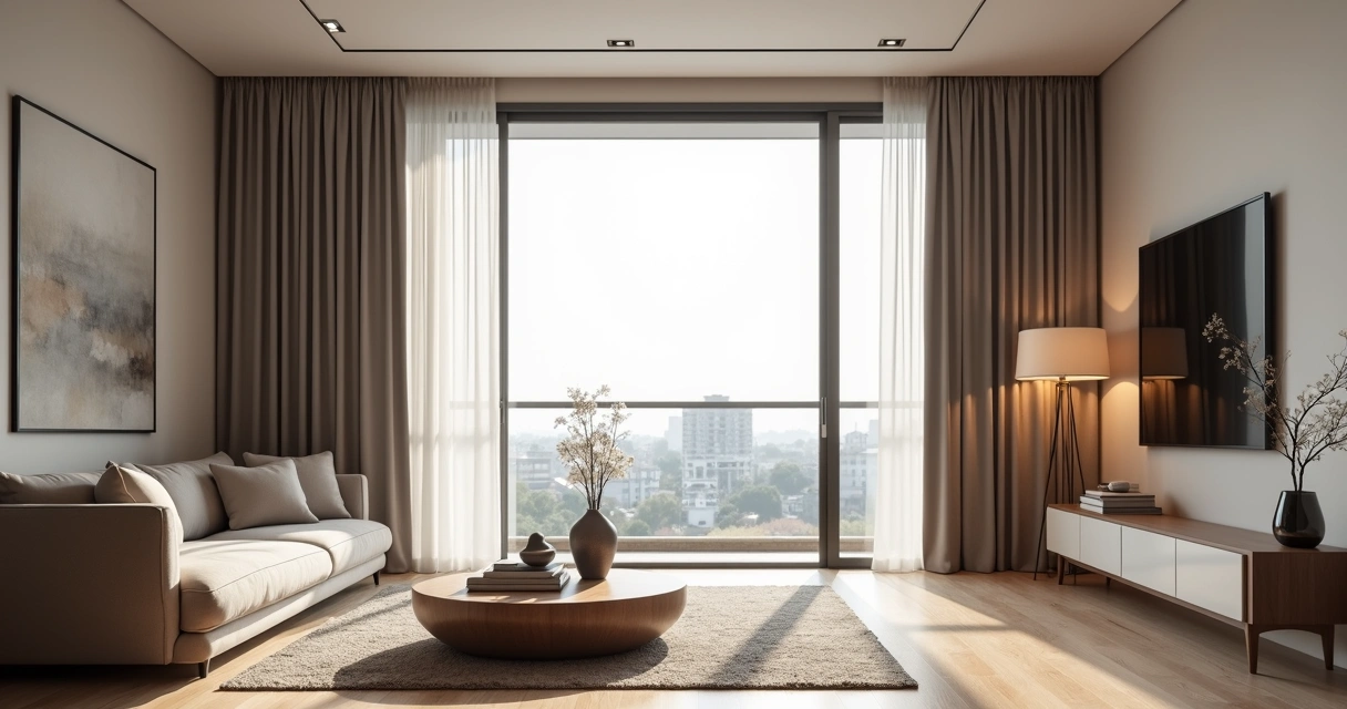Sala de estar sofisticada com cortina blackout sob medida aberta diante de ampla janela 