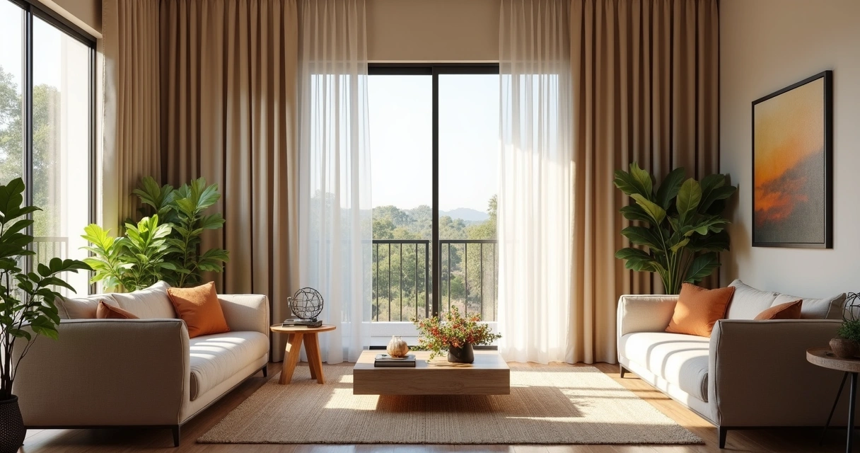 Sala sofisticada com cortinas de linho sob medida instaladas 