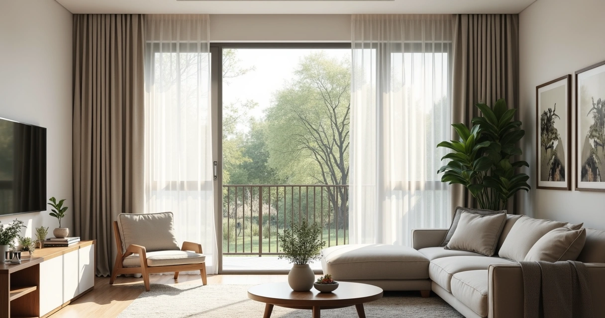 Sala de estar com cortinas leves e entrada de luz natural 