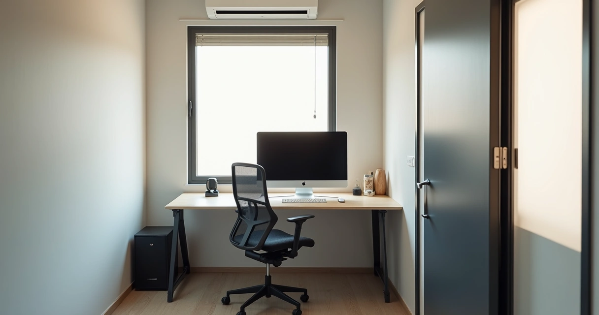 Sala privativa coworking com mesa, computador e cadeira ergonômica 