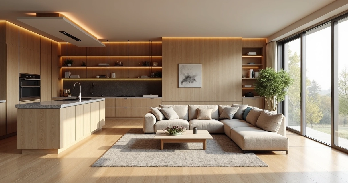 Sala integrada com cozinha usando móveis planejados em madeira clara e bancada funcional 