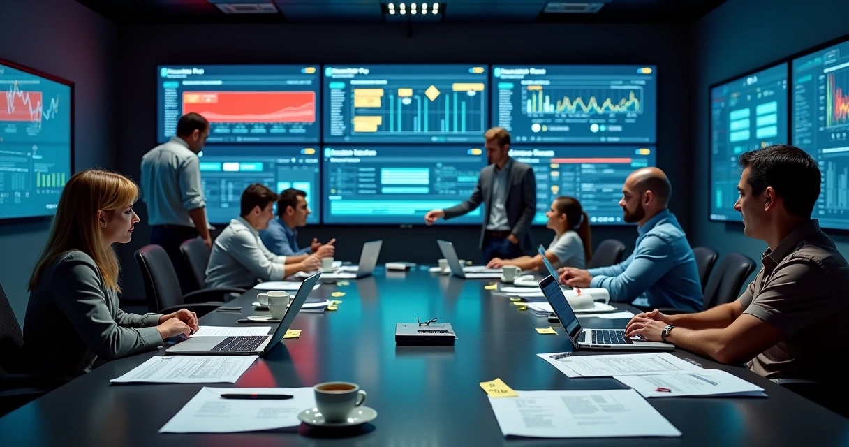 Sala de crise de tecnologia com painel vermelho de alerta e equipe coordenando resposta 