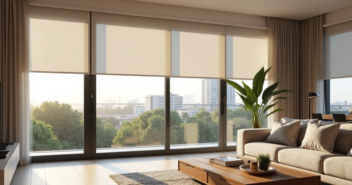 Sala de apartamento moderno com persianas sob medida em janelas grandes 