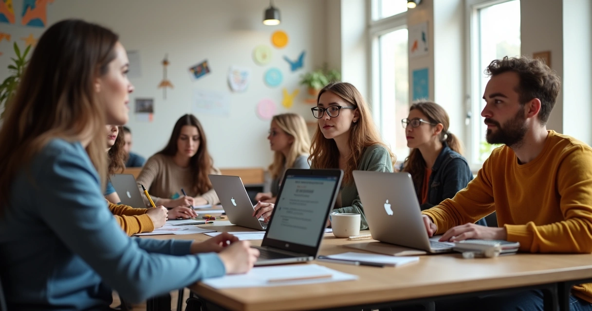Turma de alunos em sala moderna, participando de curso de escrita, com notebooks e cadernos 
