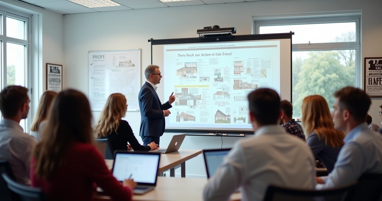 Sala de aula com alunos atentos, professor diante de lousa explicando leilão de imóveis