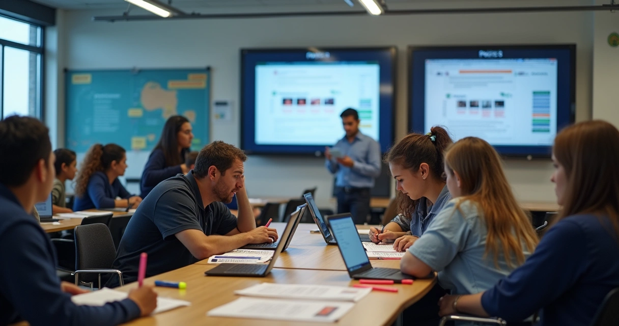 Sala de aula com candidatos estudando para concurso policial