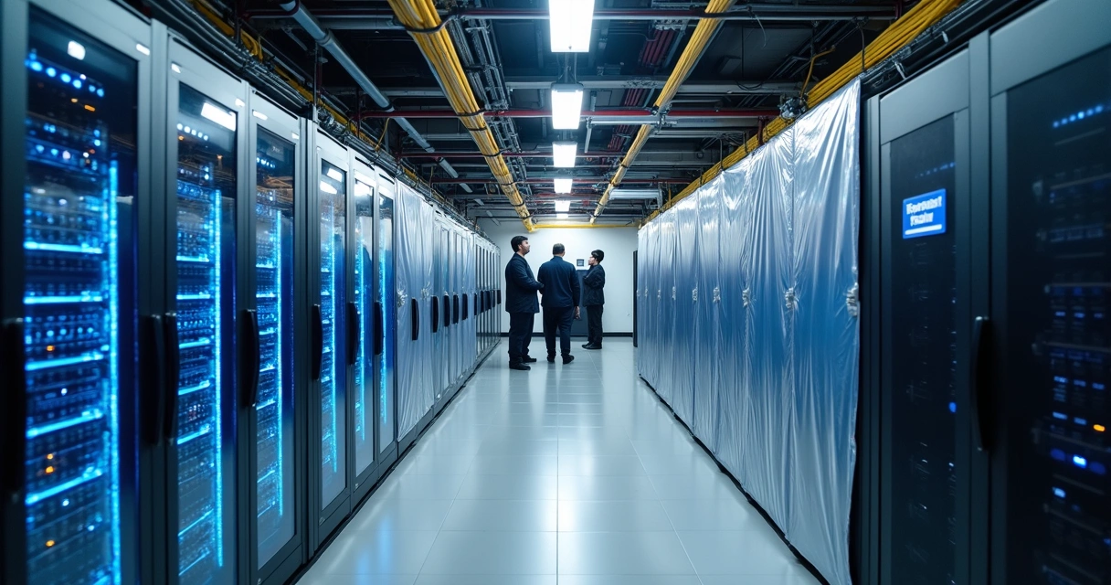 Sala de data center com técnicos protegendo servidores durante intervenção elétrica 