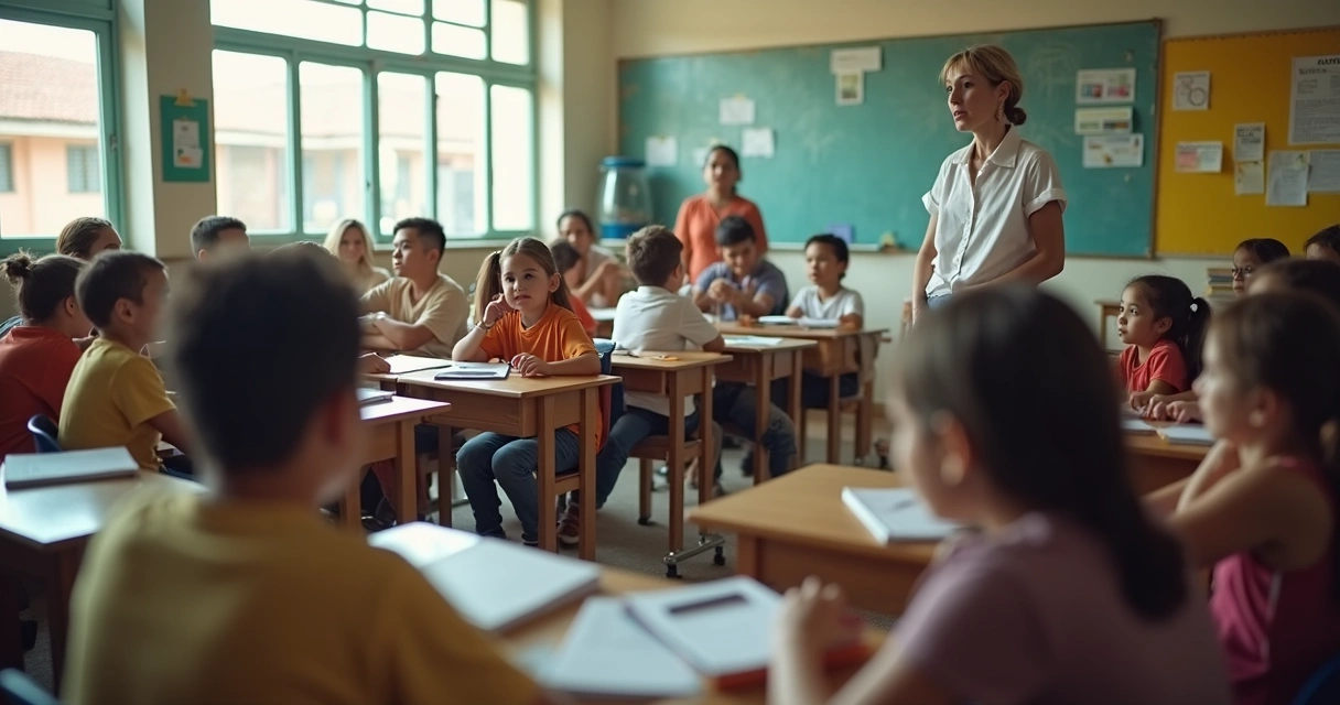 Sala de aula com professor e alunos em roda de conversa