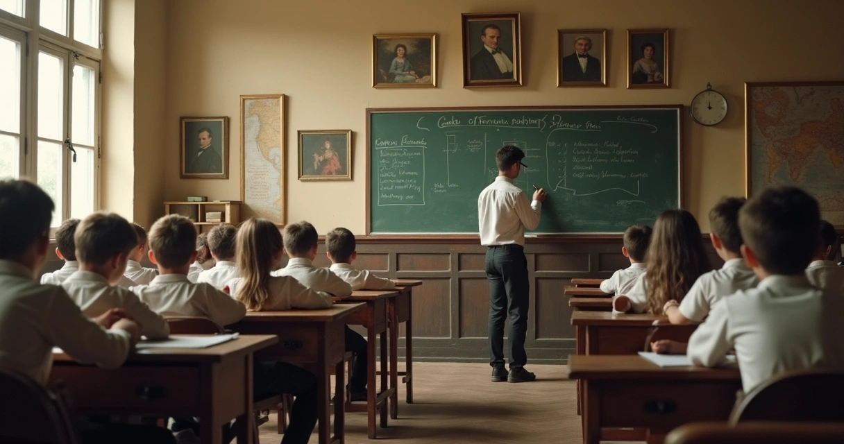 Crianças sentadas em carteira escolar observando quadro-negro com professor 