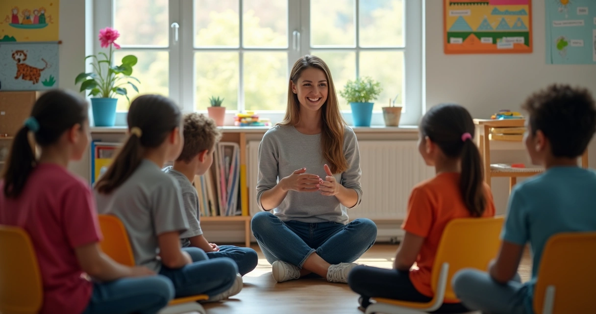 Estudantes sentados em círculo recebendo apoio de professora em sala de aula. 