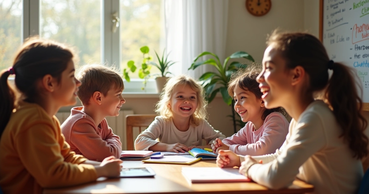 Crianças e adultos aprendendo juntos em uma sala de aula acolhedora