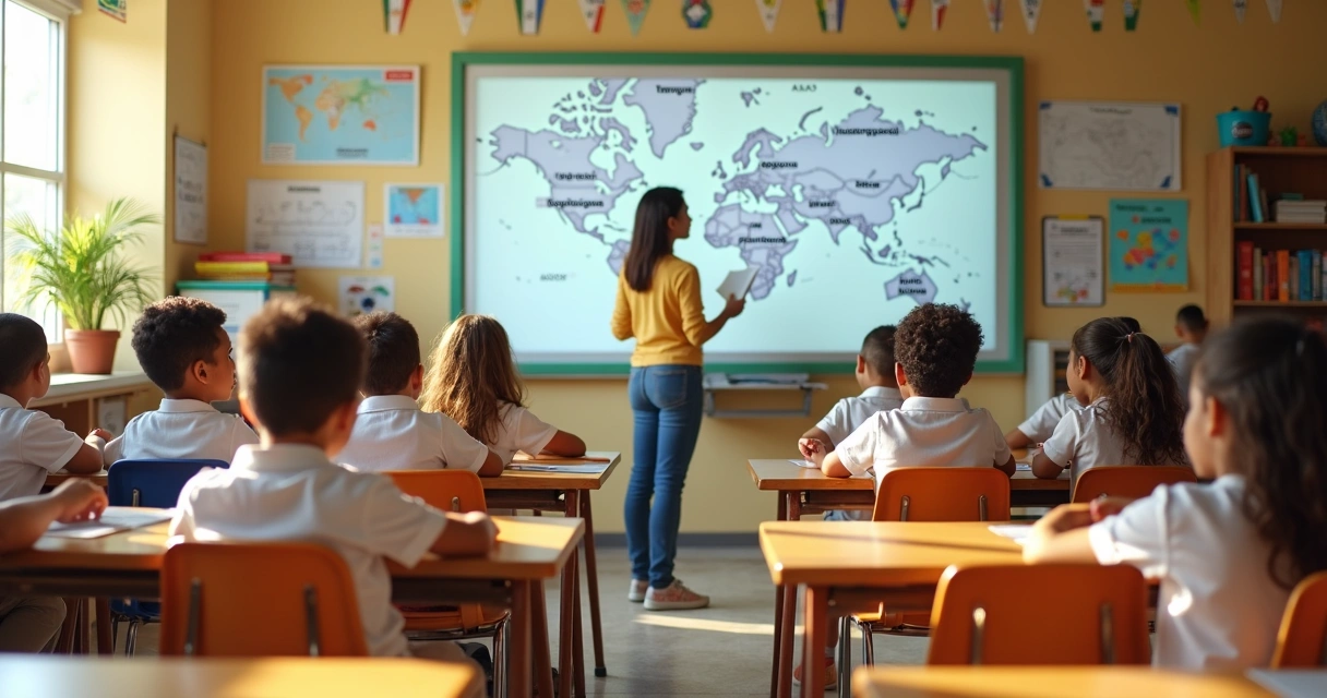 Sala de aula com alunos e professora interagindo em dois idiomas 
