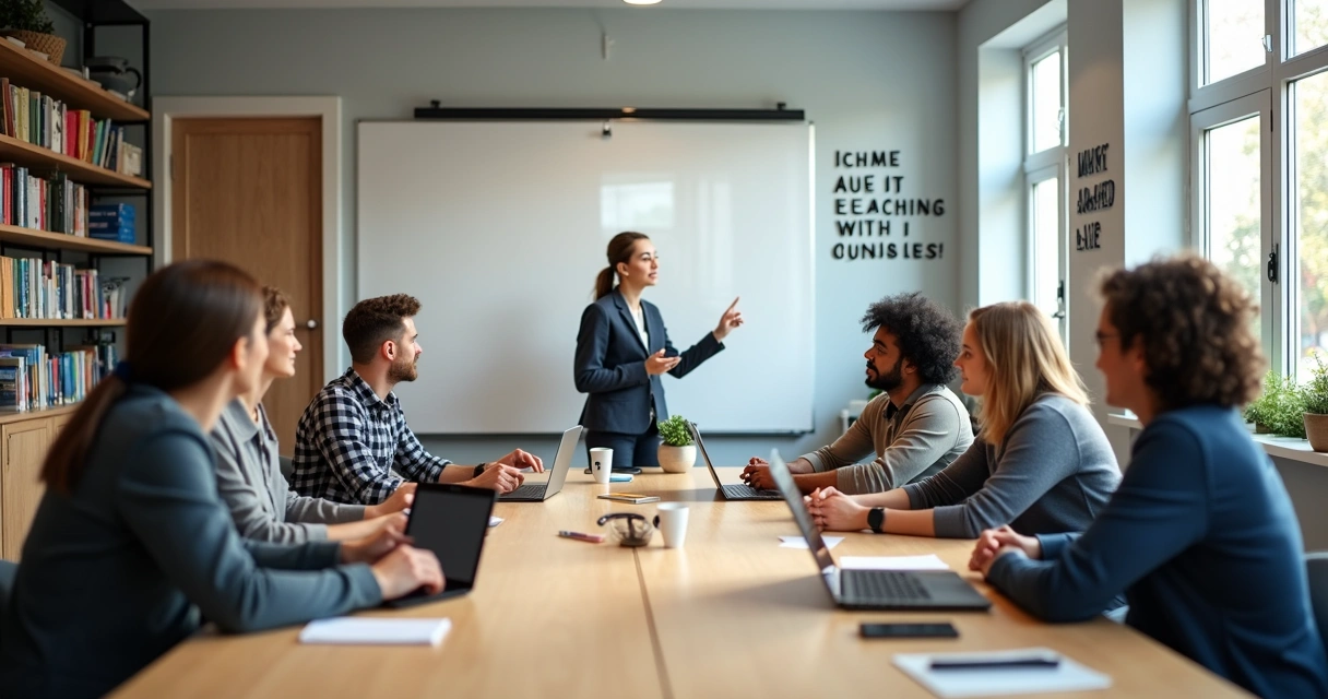 Professores em sala de aula assistindo aula de inglês. 