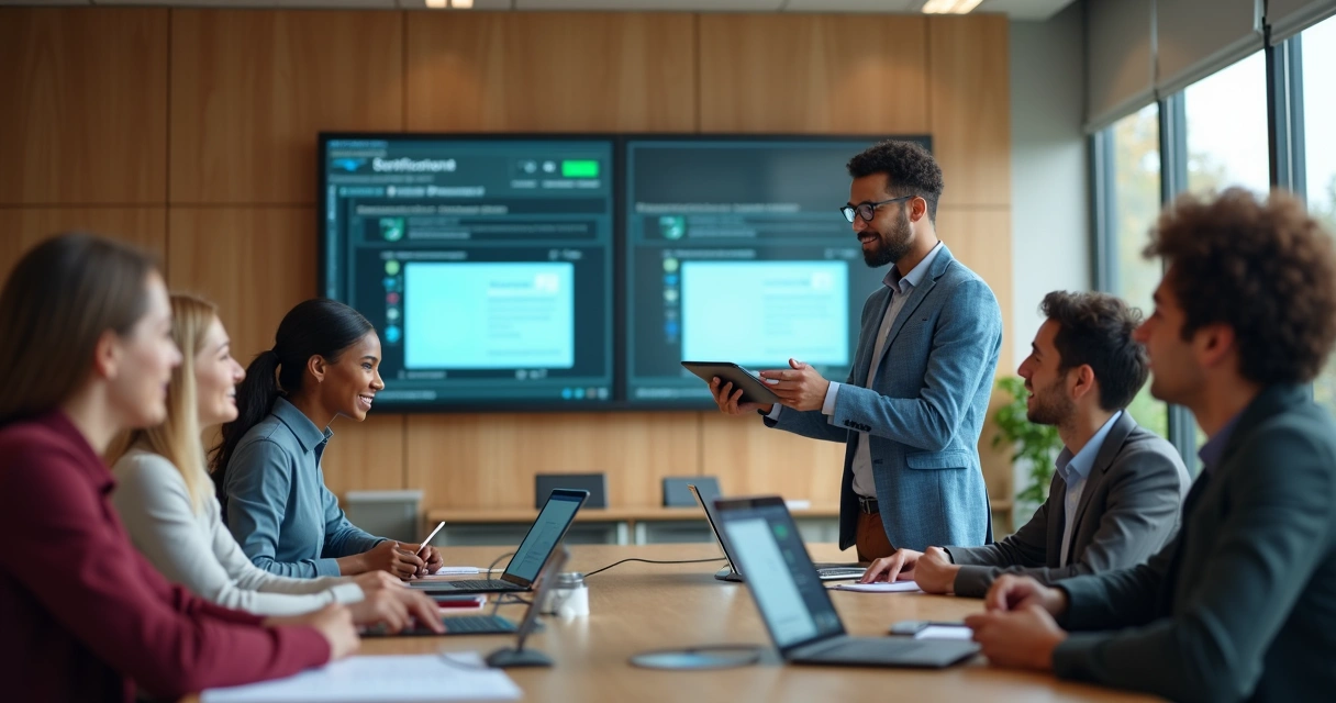 Estudante recebendo certificado digital em sala de aula moderna. 