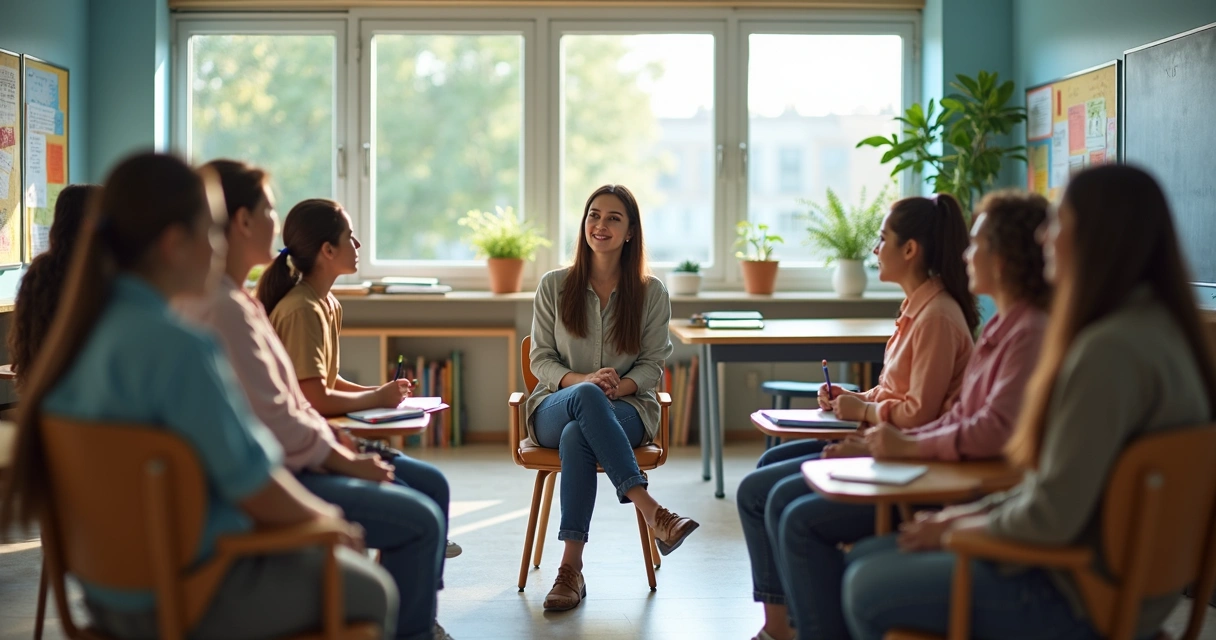 Turma em roda com professora em sala de aula