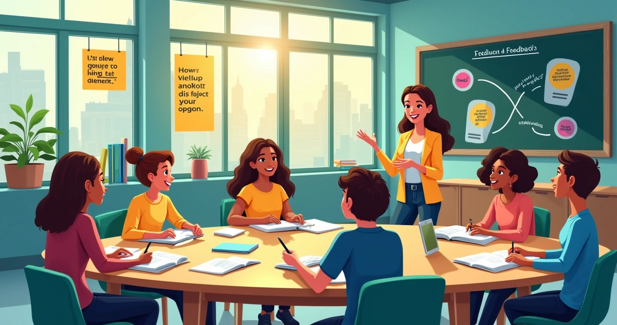 A vibrant classroom where students engage in collaborative projects guided by a supportive teacher.