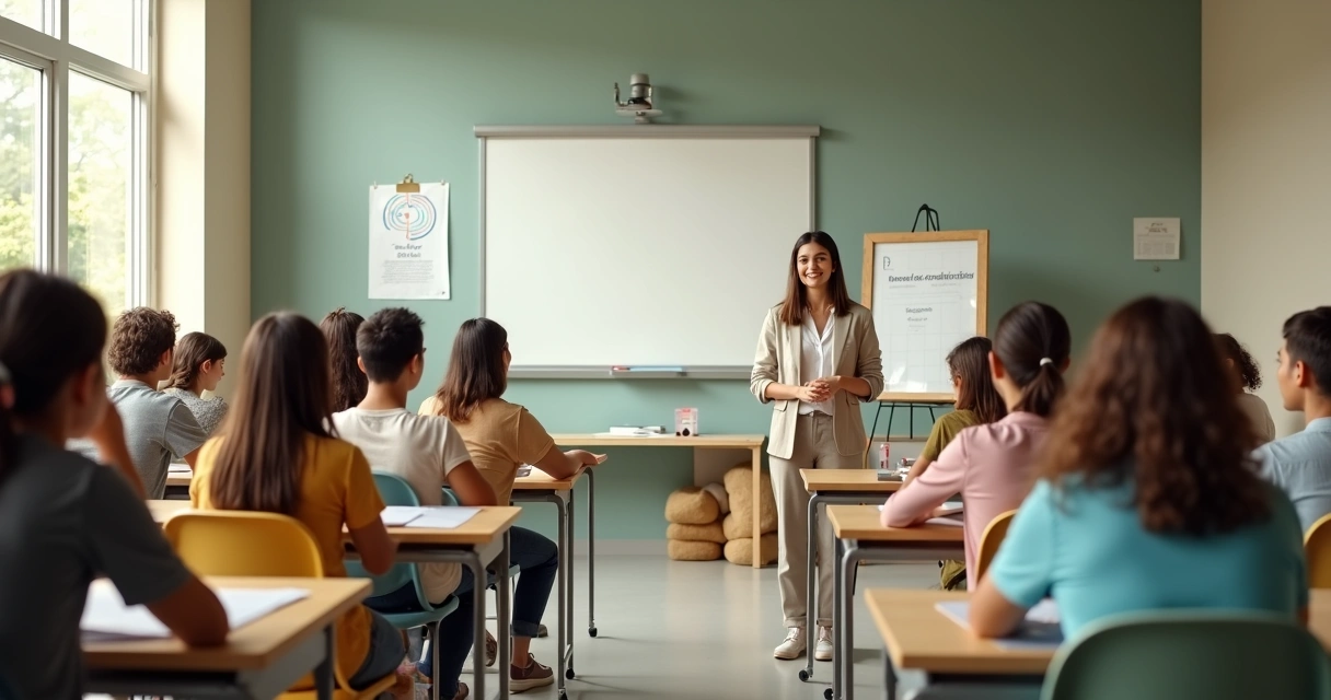 Professor e alunos em sala de aula moderna com foco em presença e atenção plena 