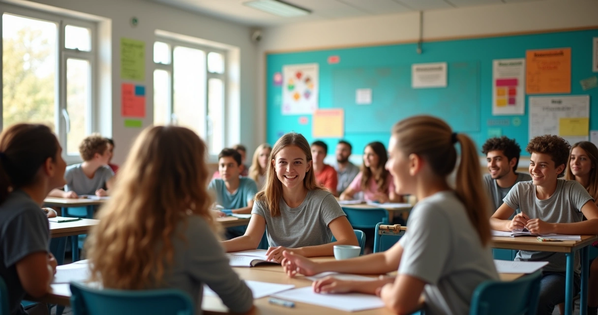 Alunos e professores conversando em sala de aula com cartazes nas paredes 