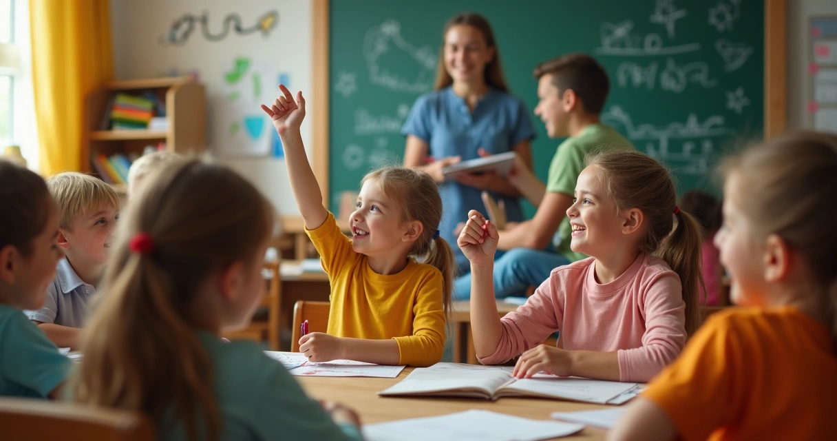 Sala de aula infantil com crianças superando desafio escolar 