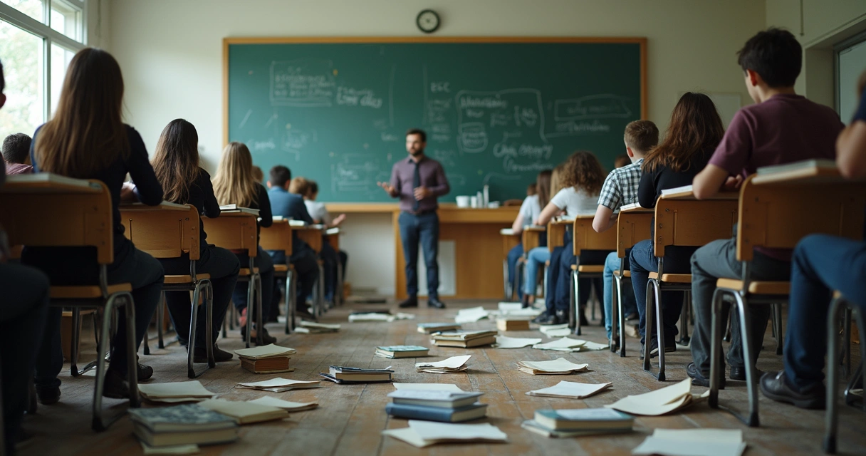 Sala de aula bagunçada com papéis e livros espalhados 