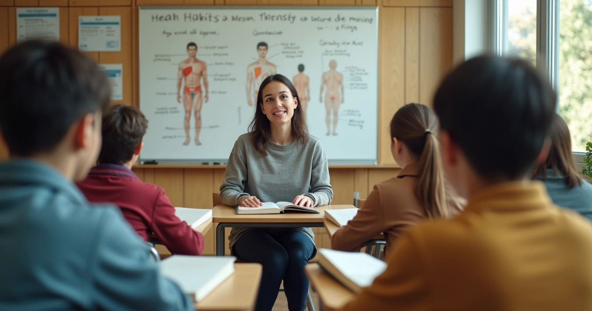 Professor conversando com meninos sobre saúde em sala de aula 