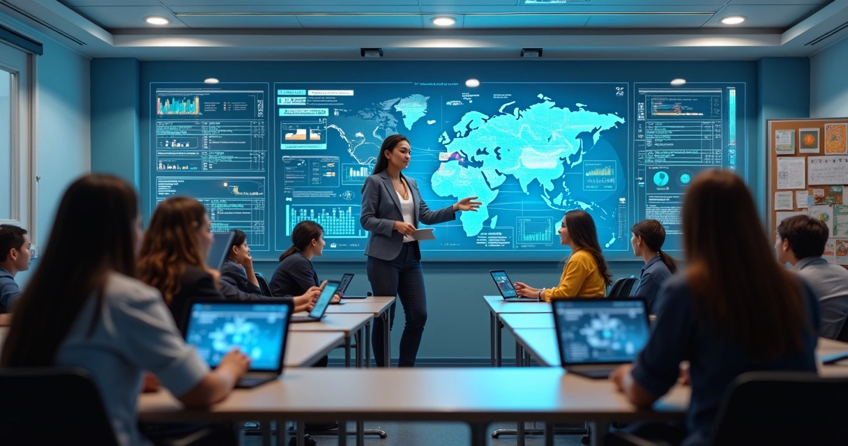 Ambiente de sala de aula digital com alunos usando tablets e professores controlando painel digital 