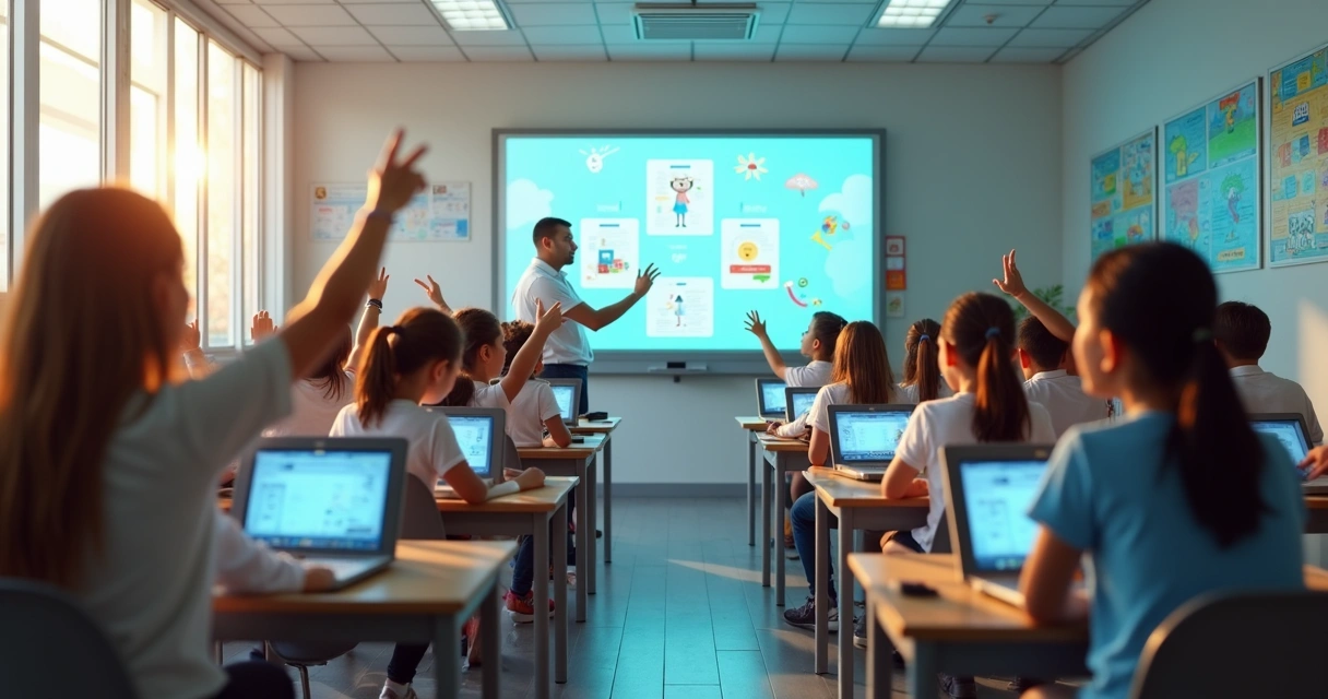 Alunos em uma sala de aula digital interativa com carteiras e quadros inteligentes, aprendendo com tecnologia 