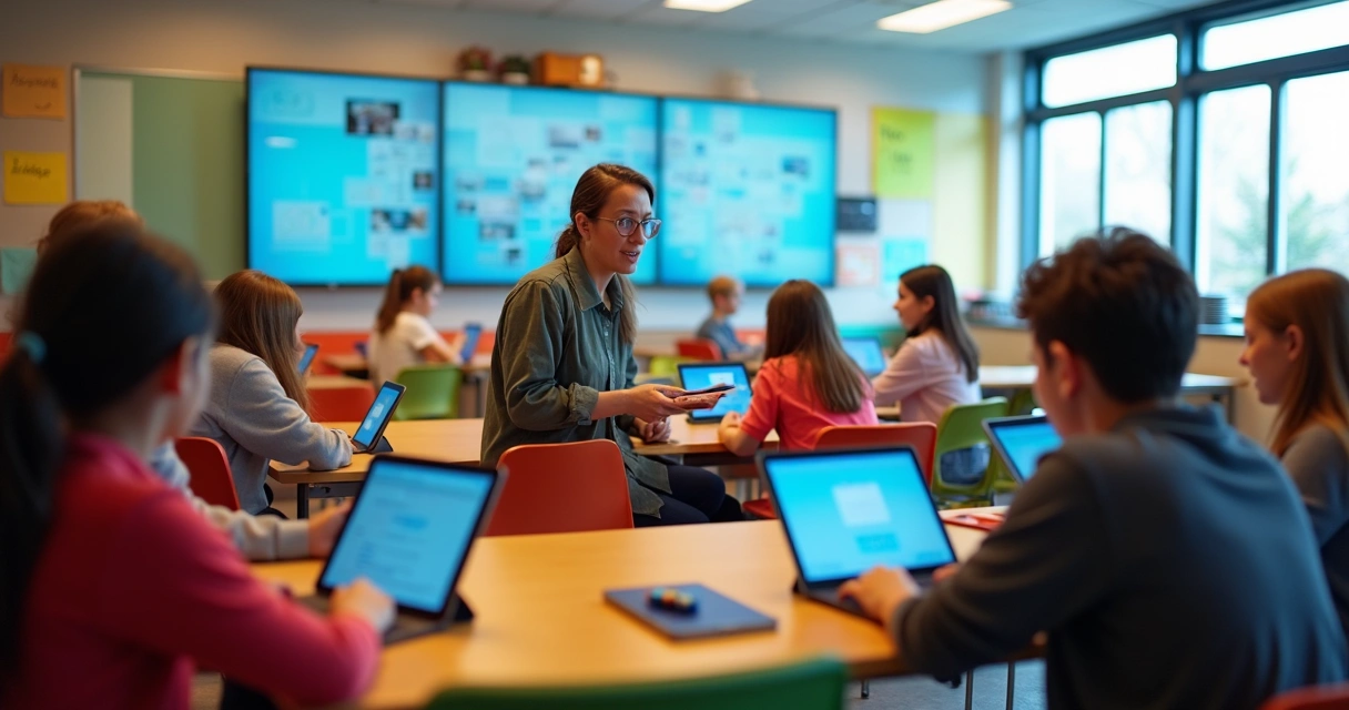 Sala de aula com alunos usando tablets para atividades interativas 