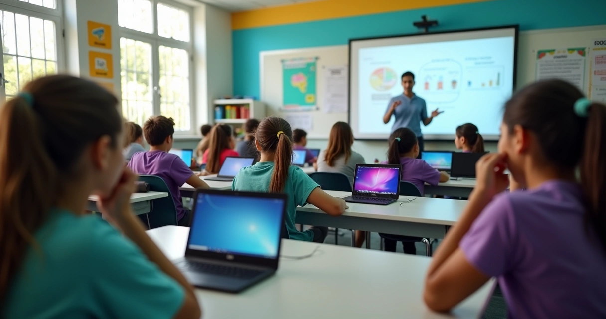 Alunos usando tablets e notebooks em uma sala de aula 
