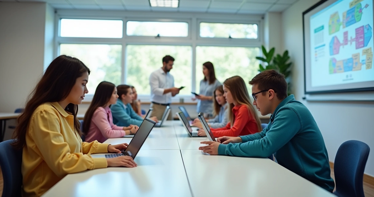 Alunos utilizando tablets em sala de aula digital 